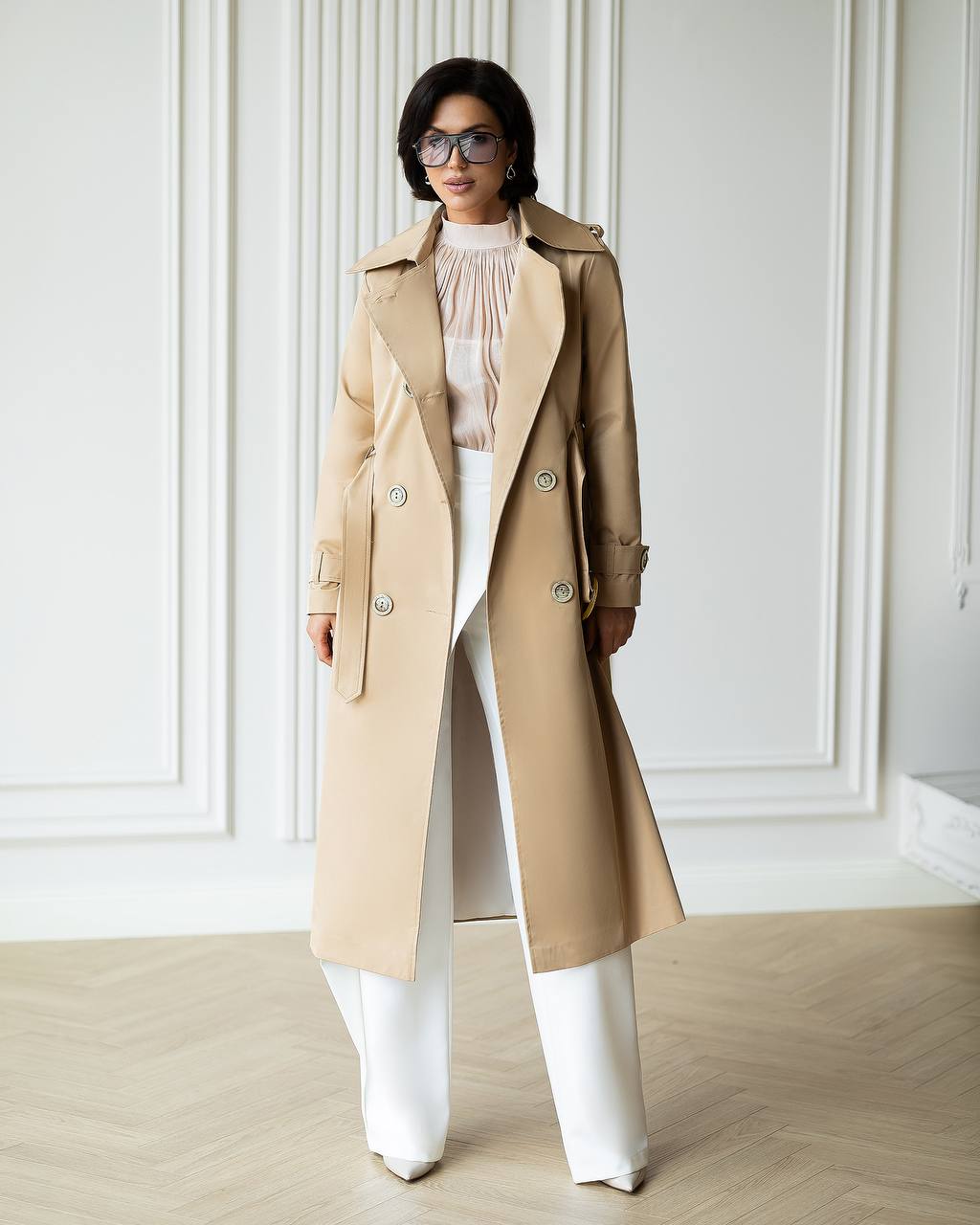 Elegant Cotton Trench Coat with Belt - Women Long Classic Coat