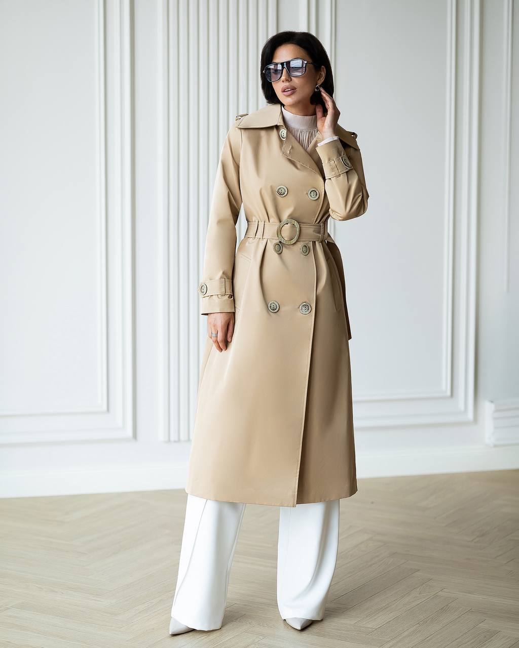 Elegant Cotton Trench Coat with Belt - Women Long Classic Coat