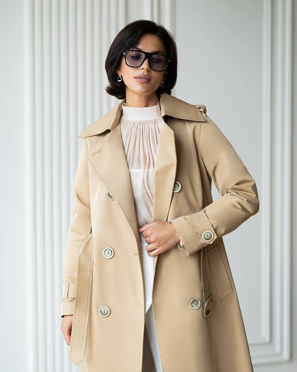 Elegant Cotton Trench Coat with Belt - Women Long Classic Coat