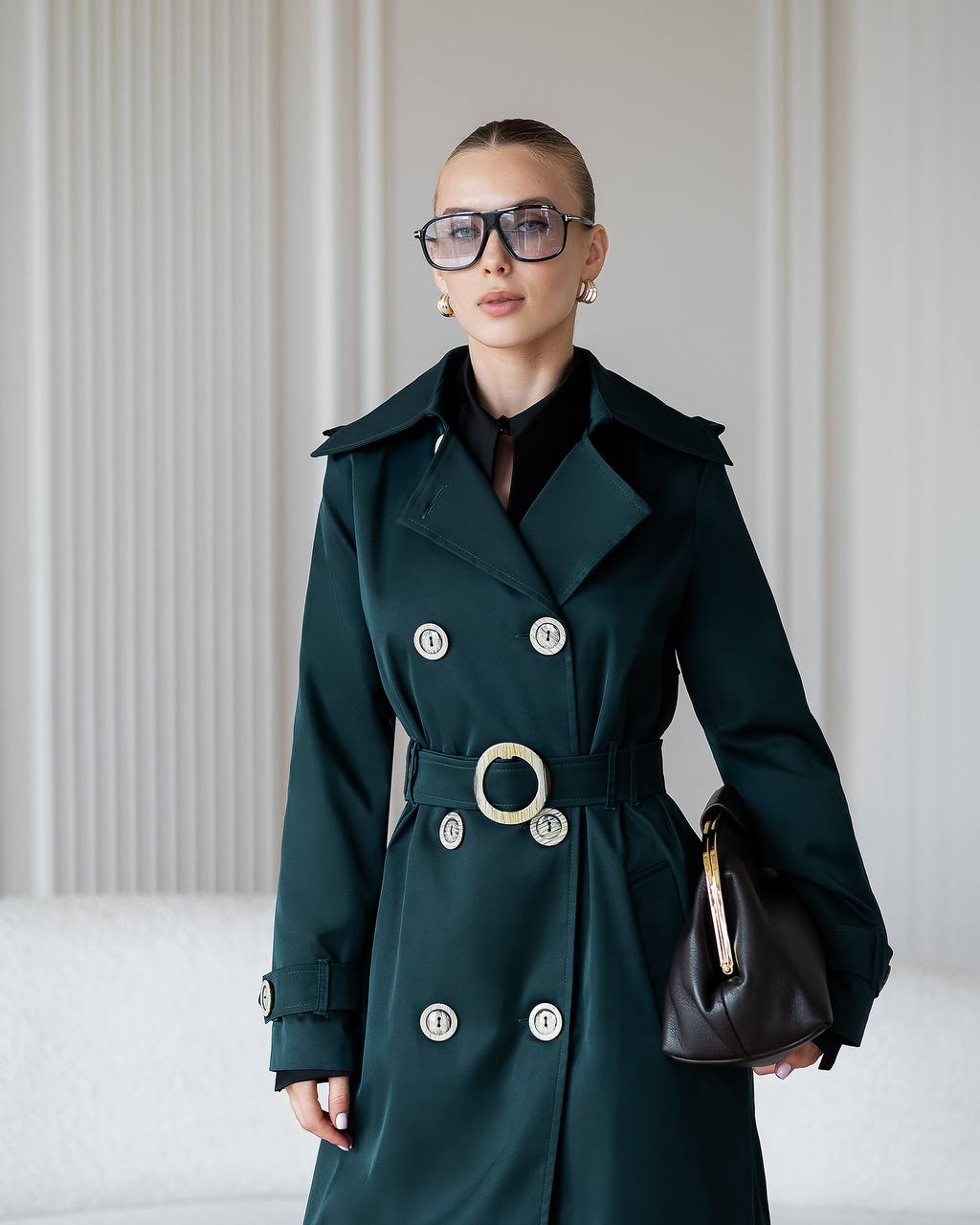 Elegant Cotton Trench Coat with Belt - Women Long Classic Coat
