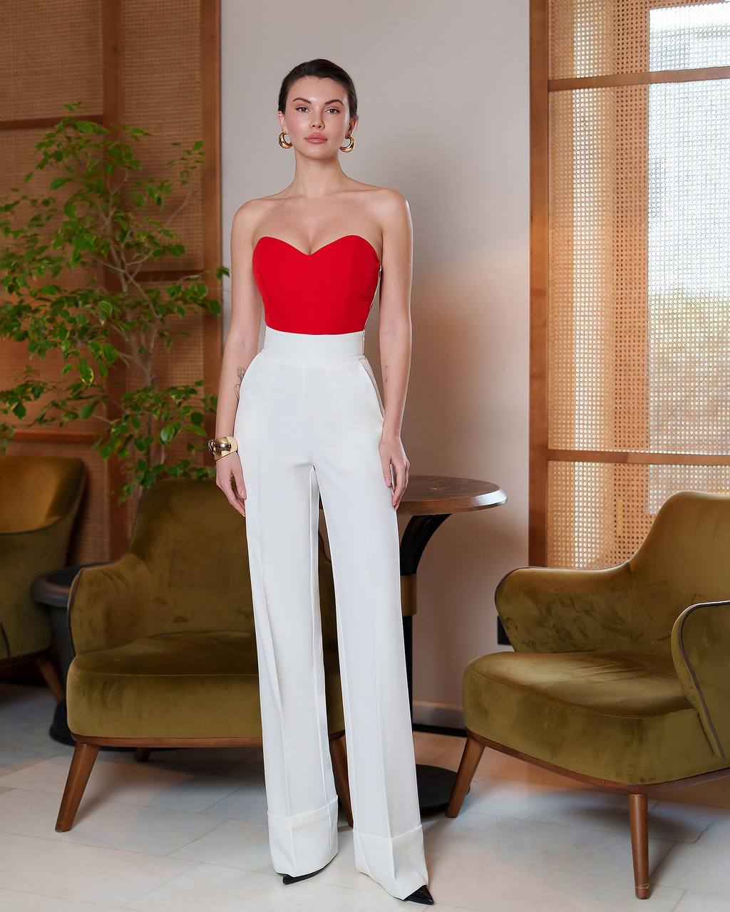 White High Waist Straight Pants with Pockets