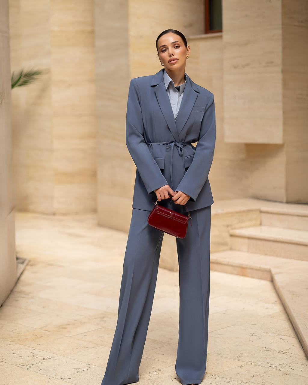 Light Blue Women Pantsuit with Belt