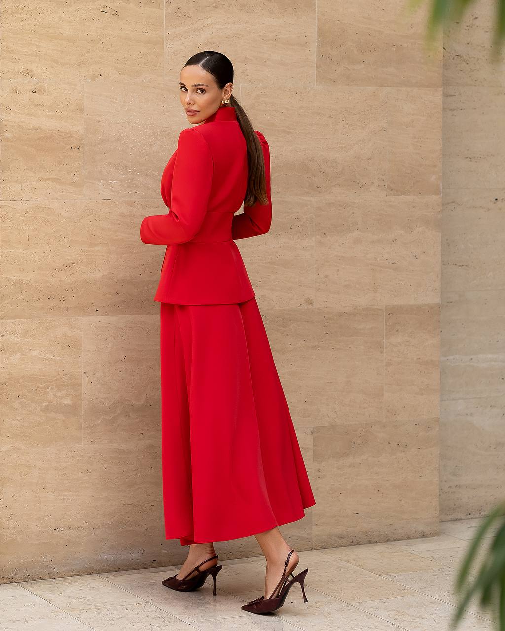 Red Elegant Skirt Suit | Fitted Blazer with Flowing Skirt