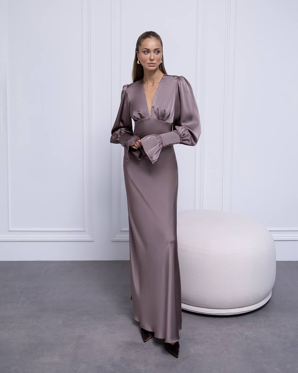 Evening Black Maxi Satin Dress with Long Sleeve