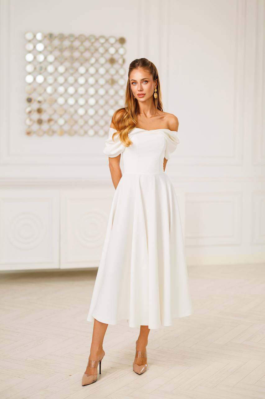 White Off Shoulder Tea Length Dress