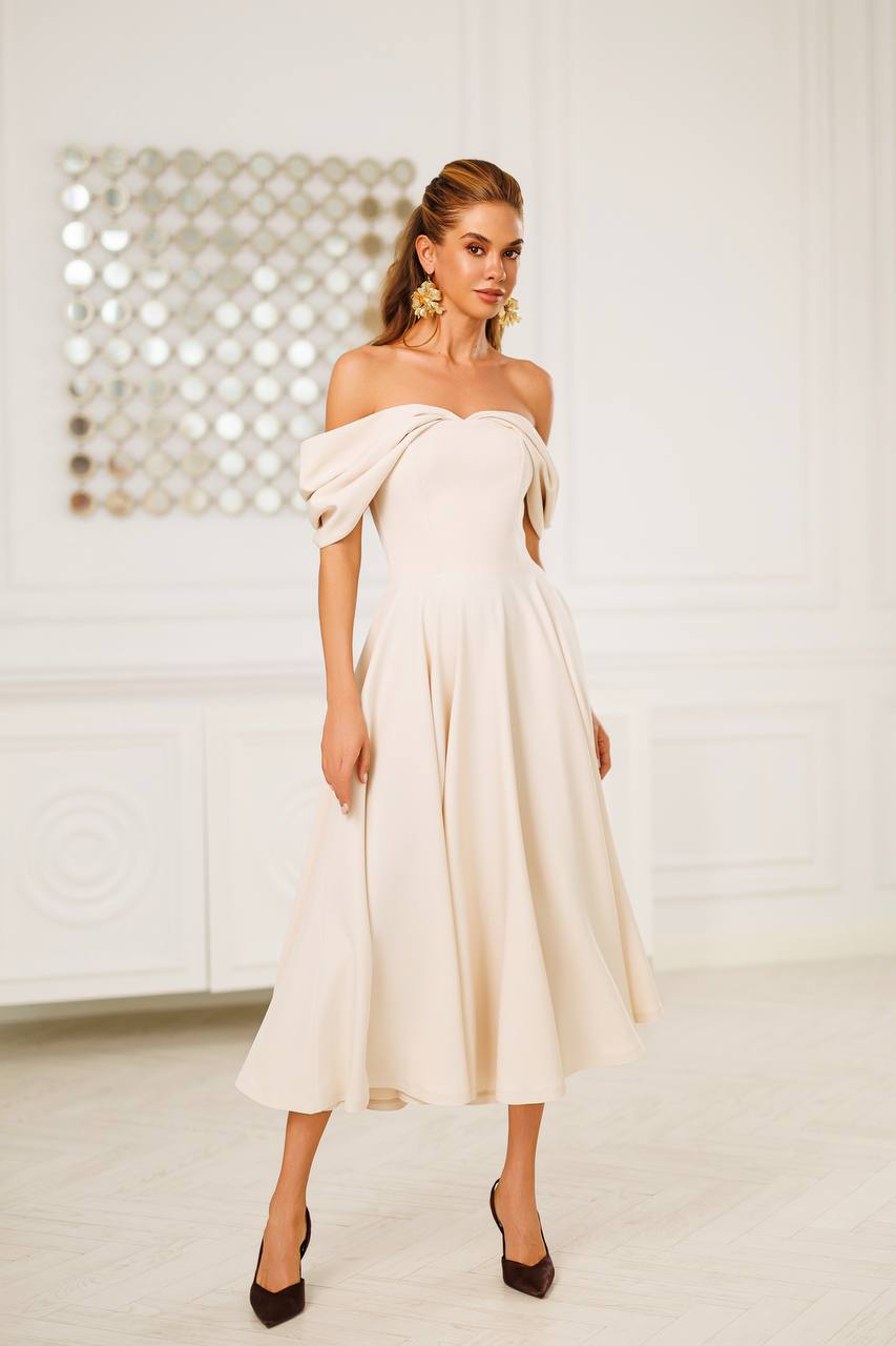 White Off Shoulder Tea Length Dress