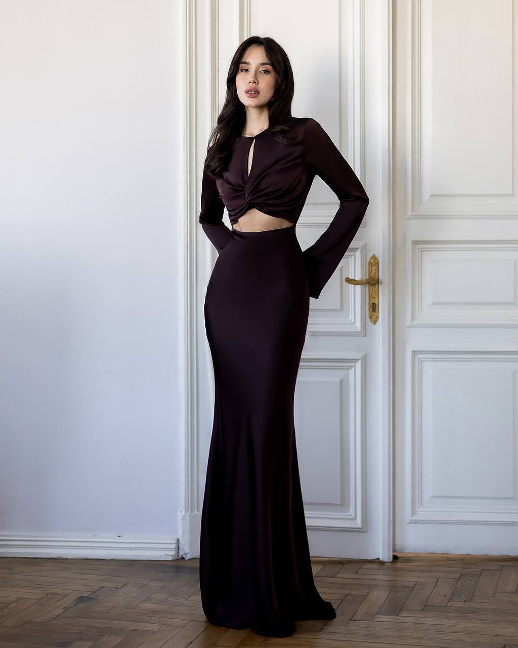 Lemon Long Sleeve Maxi Dress with Twist Front Cut Out