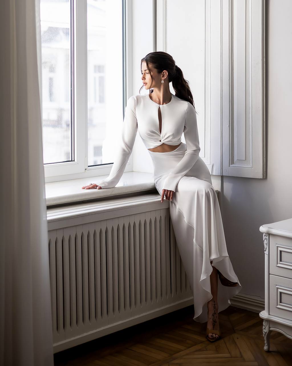 Ivory Long Sleeve Twist Front Cut Out Maxi Dress
