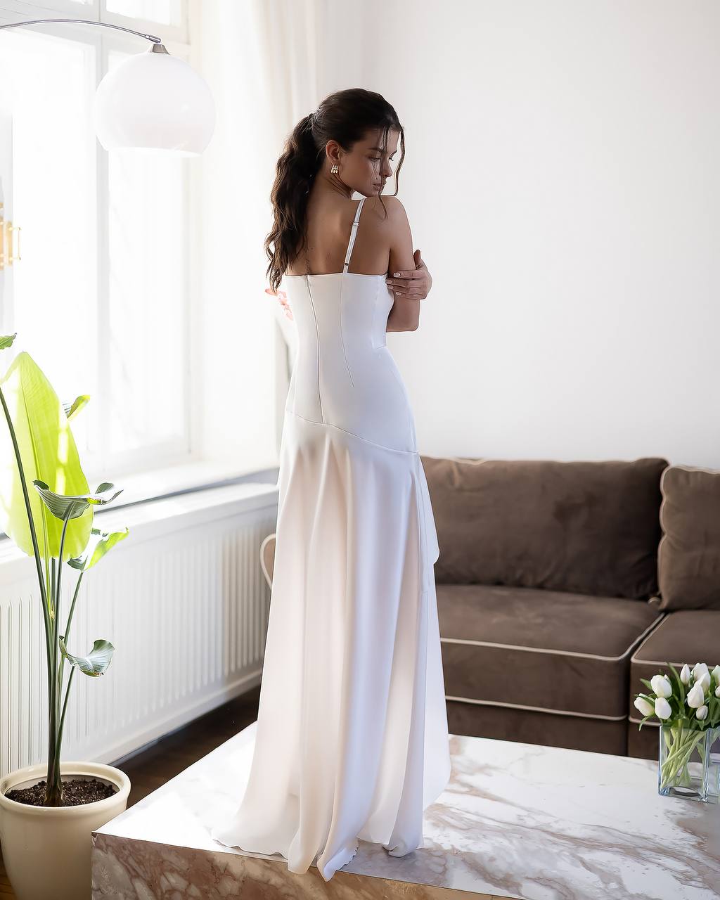 White Wedding Cowl Neck Maxi Dress With Ruffle Details
