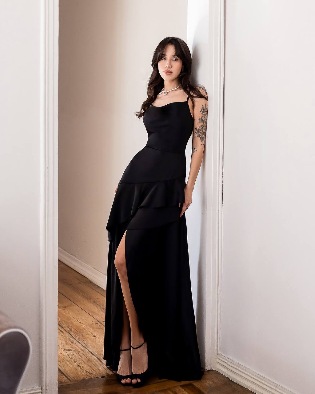 Cowl Neck Maxi Dress Asymmetrical Ruffle Hem