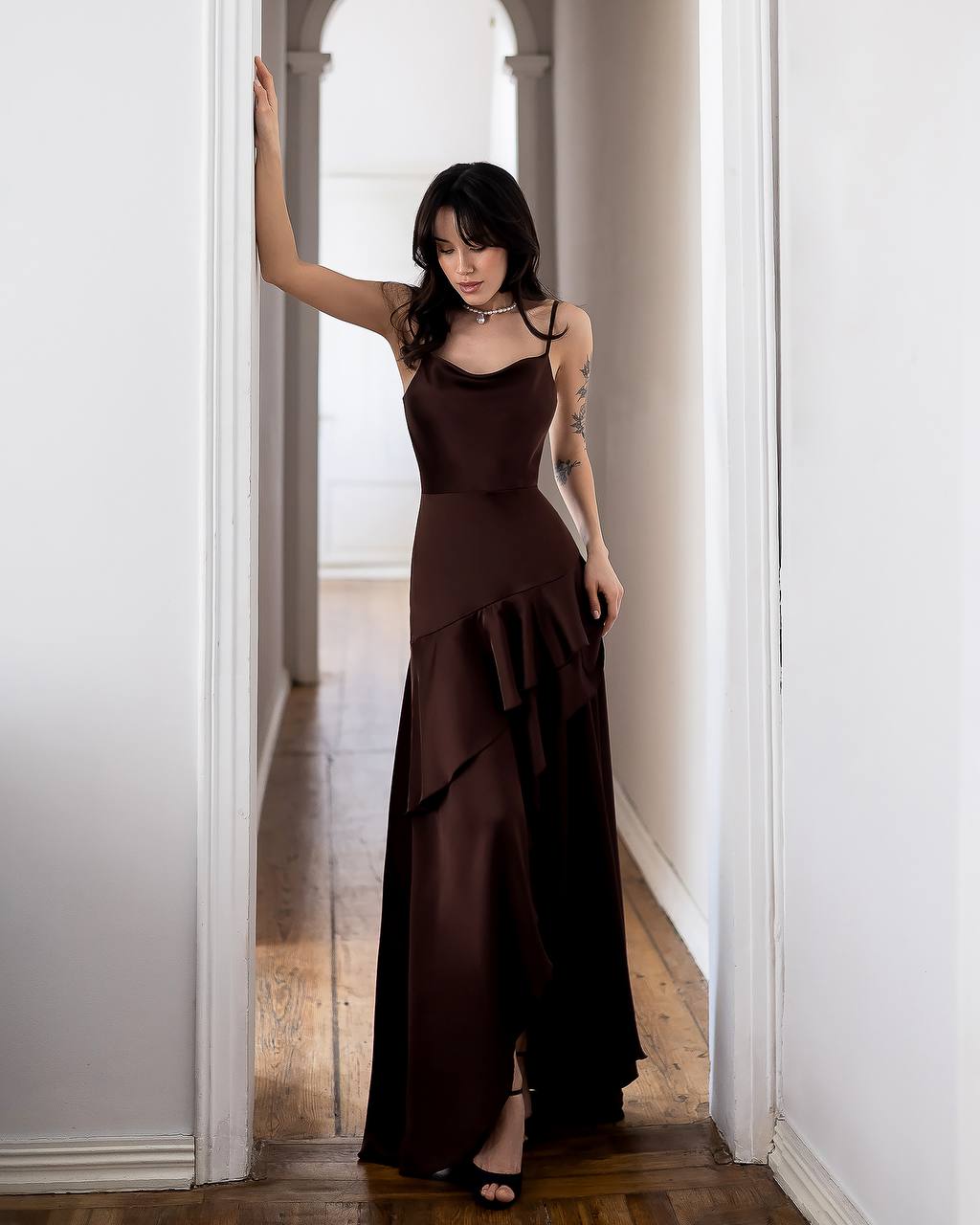 Cowl Neck Maxi Dress Asymmetrical Ruffle Hem