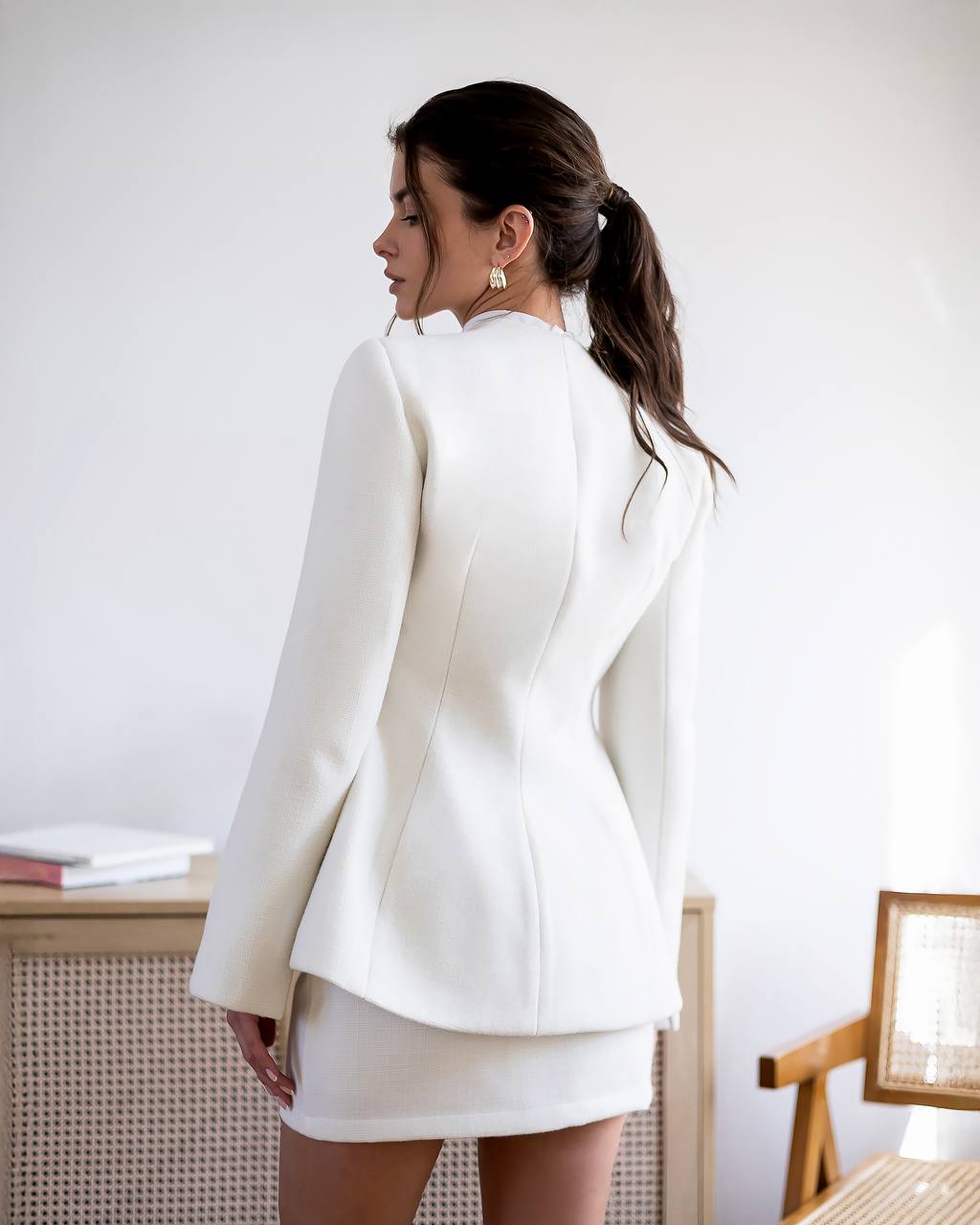White Tweed Mini Skirt Suit with Fitted Blazer