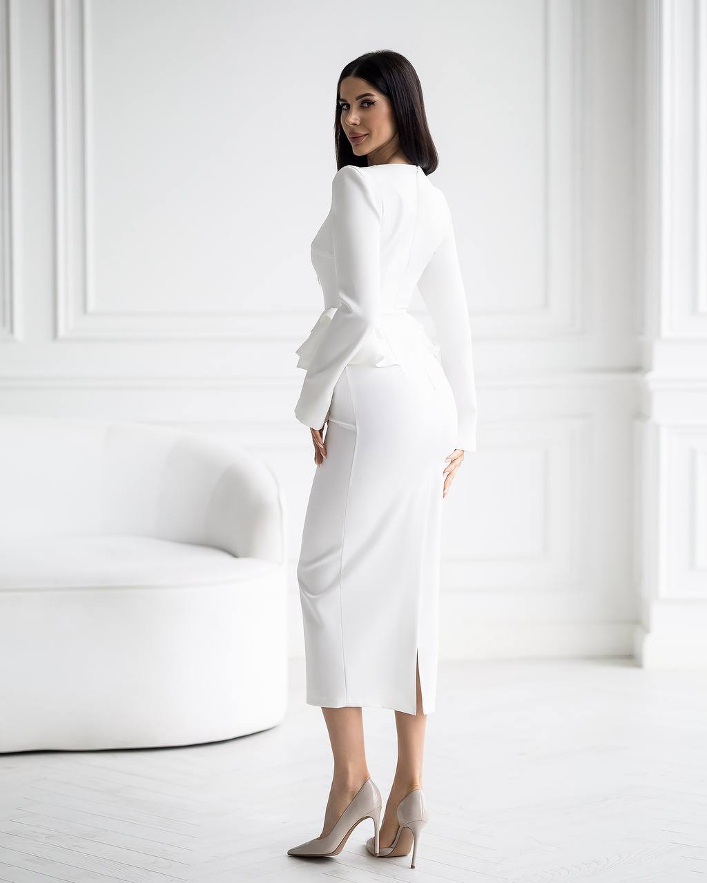 White Long Sleeve Wedding Dress with Ruffle Waist Details