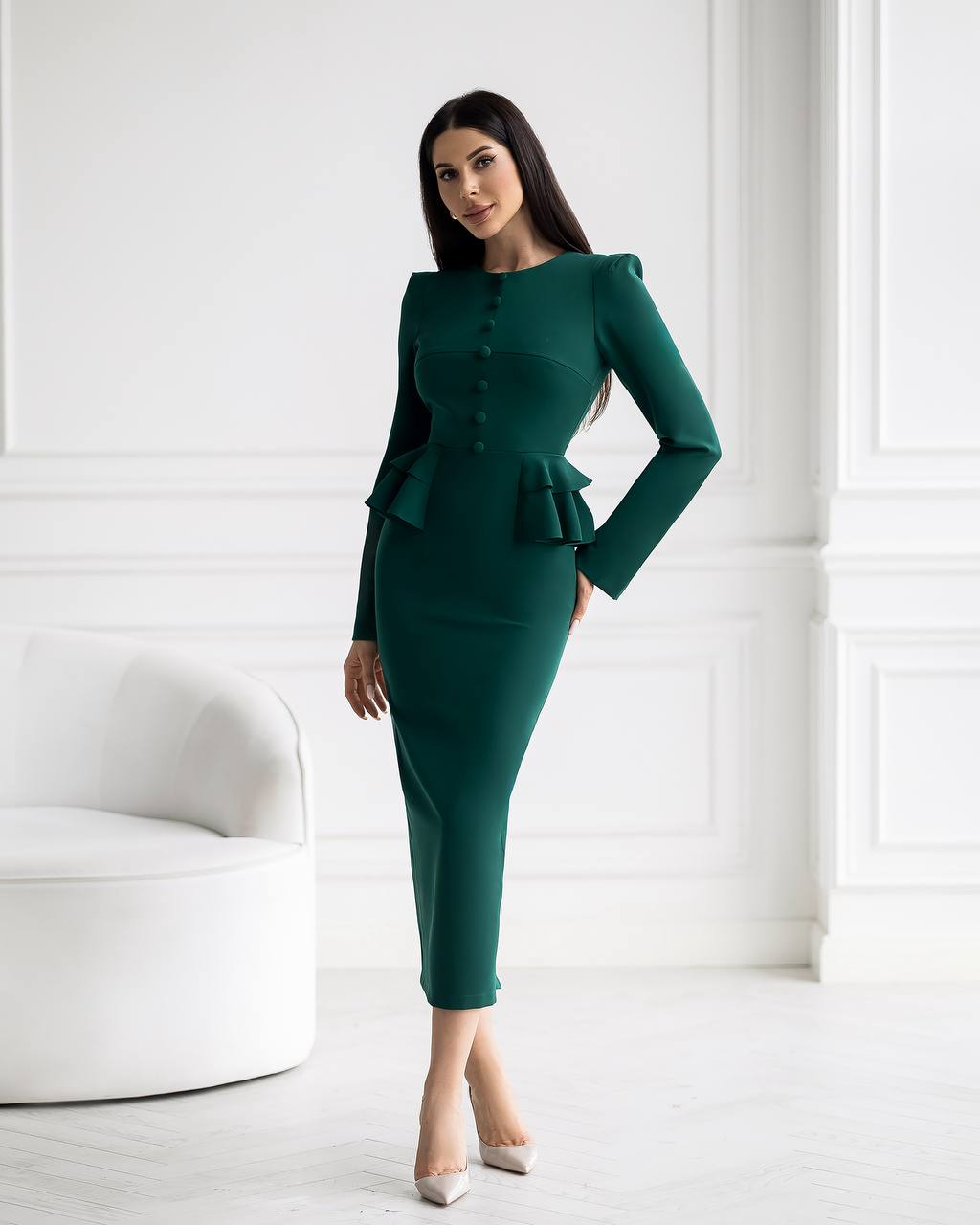 Emerald Long Sleeve Maxi Dress with Ruffle Waist Details