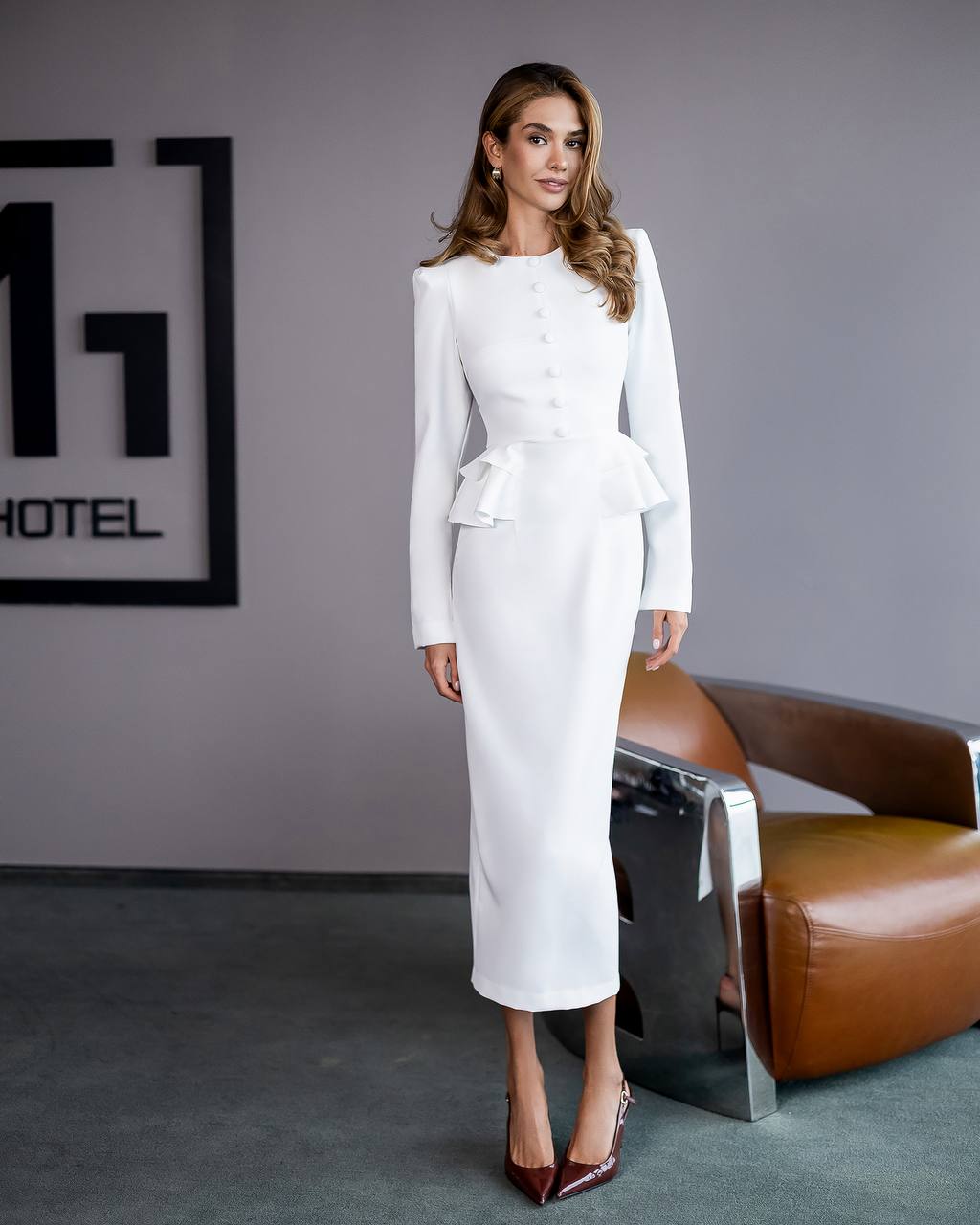 White Long Sleeve Wedding Dress with Ruffle Waist Details