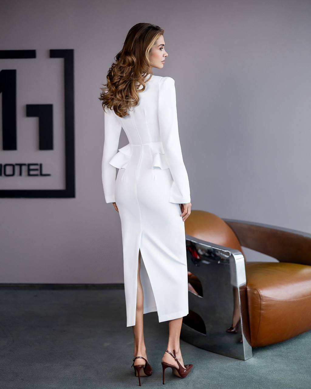 White Long Sleeve Wedding Dress with Ruffle Waist Details
