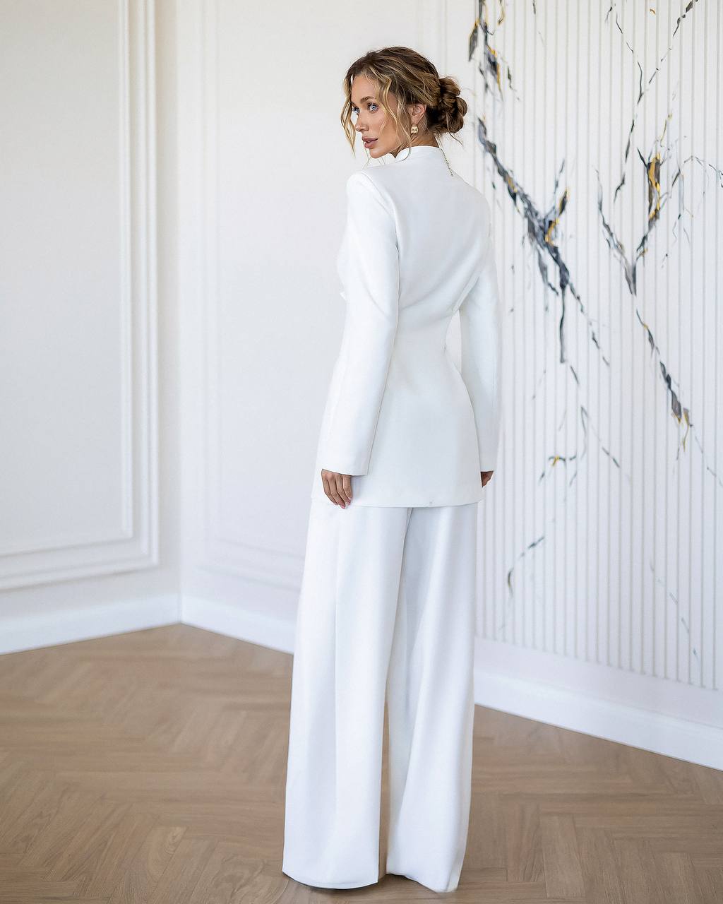 White Bridal Pantsuit with Longline Blazer and Wide Leg Pants