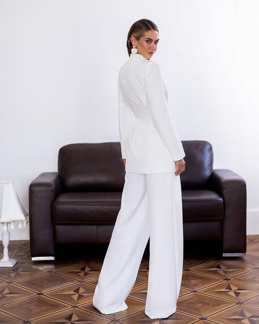 White Bridal Pantsuit with Longline Blazer and Wide Leg Pants