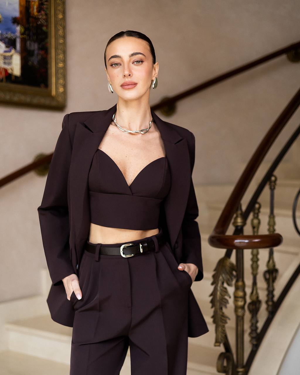 Brown Three Piece Pantsuit with Wide Leg Pants and Bustier Top