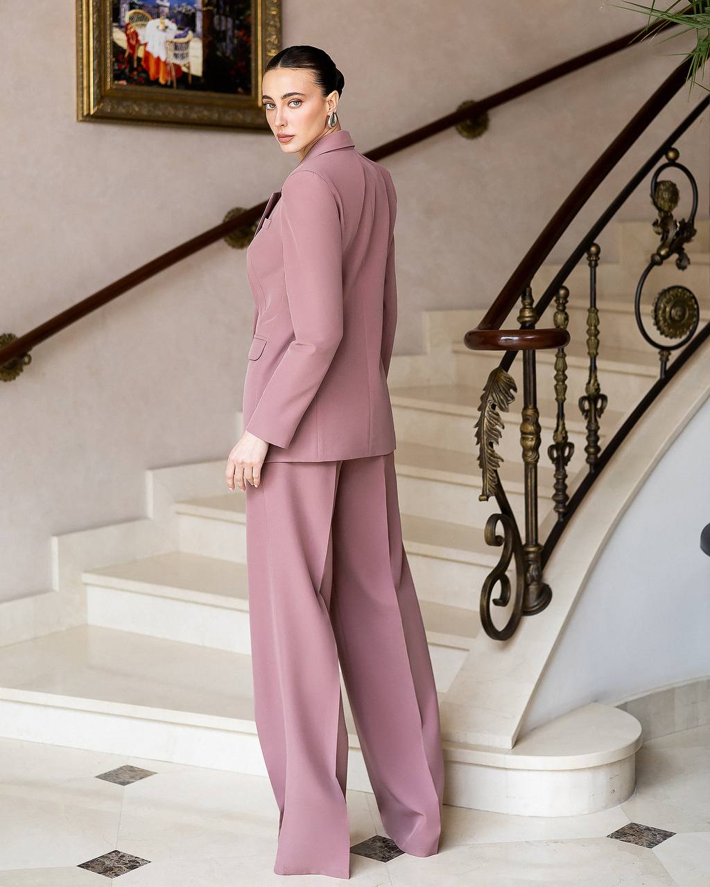 Brown Three Piece Pantsuit with Wide Leg Pants and Bustier Top