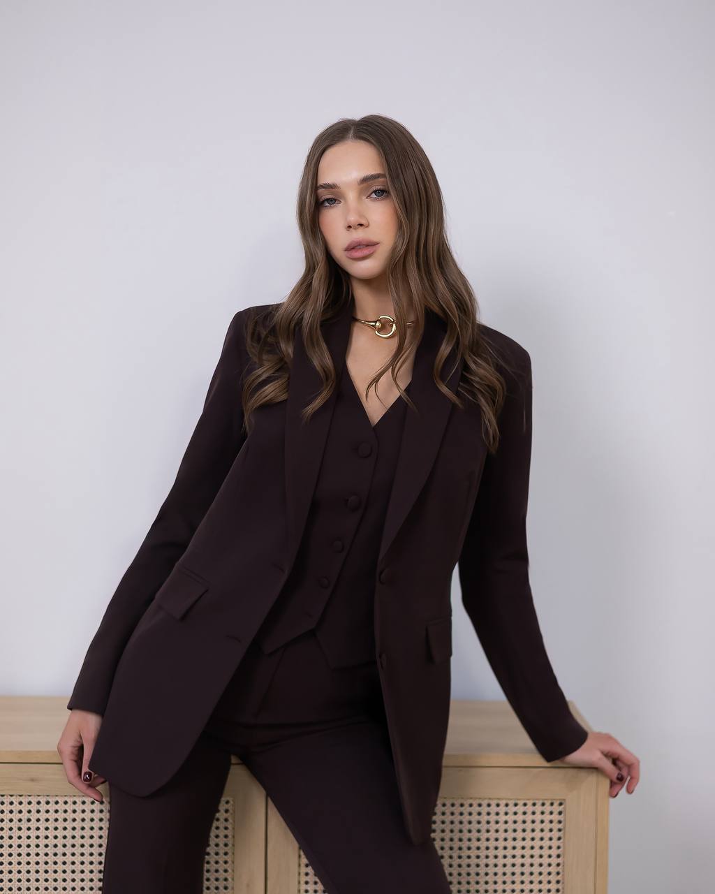 Chocolate Three Piece Suit - Tailored Blazer+ Vest + Straight Pants