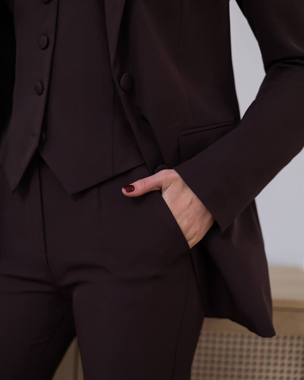 Chocolate Three Piece Suit - Tailored Blazer+ Vest + Straight Pants