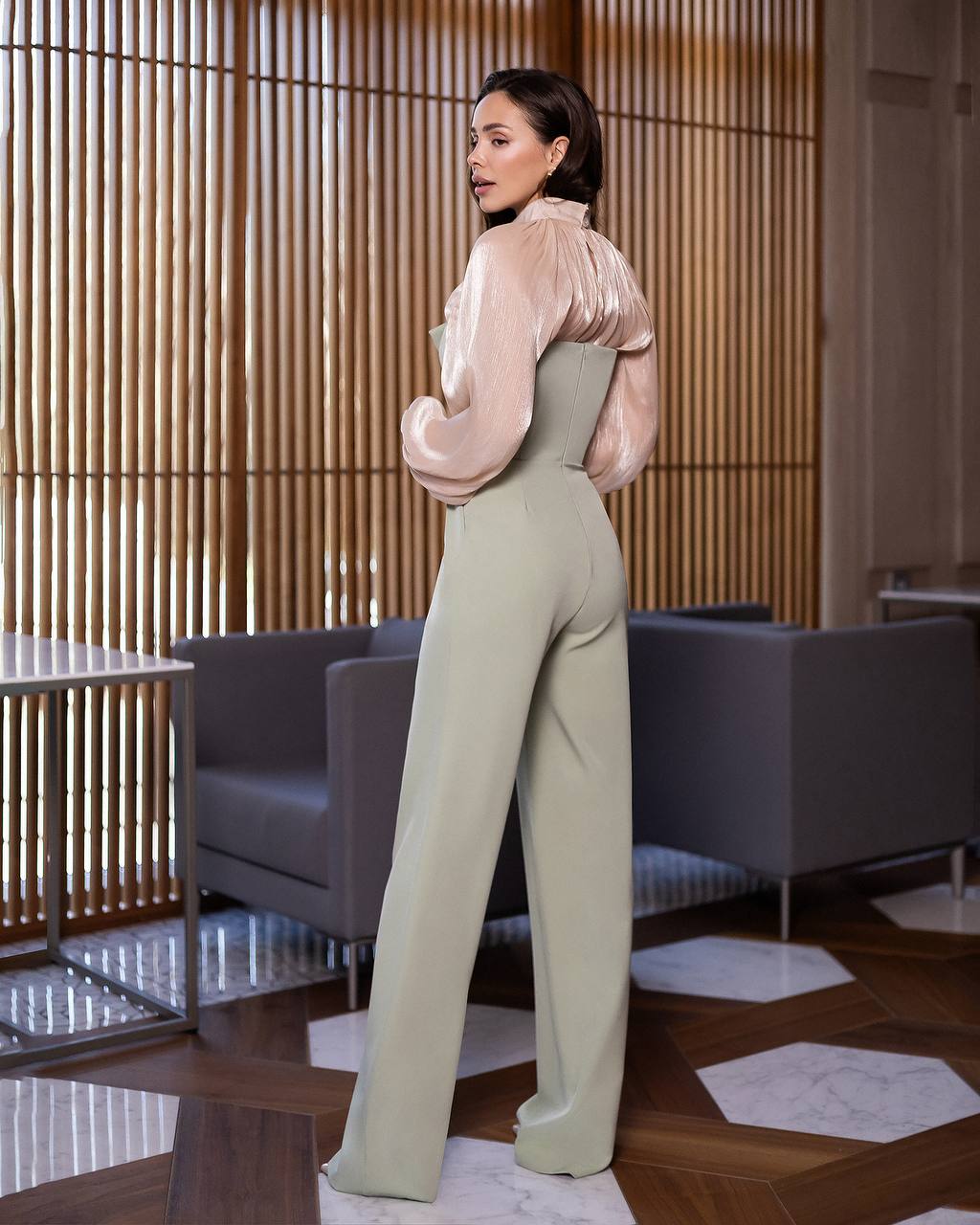 Olive Corset Sleeveless Jumpsuit with Wide Leg Pants