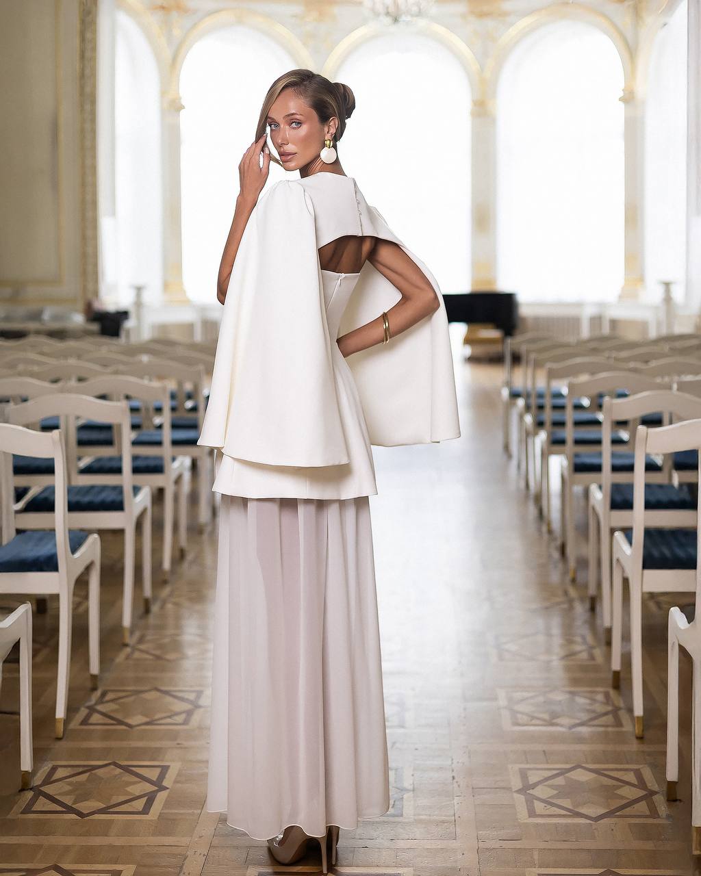 White Bridal Three Piece Dress Set with Cape