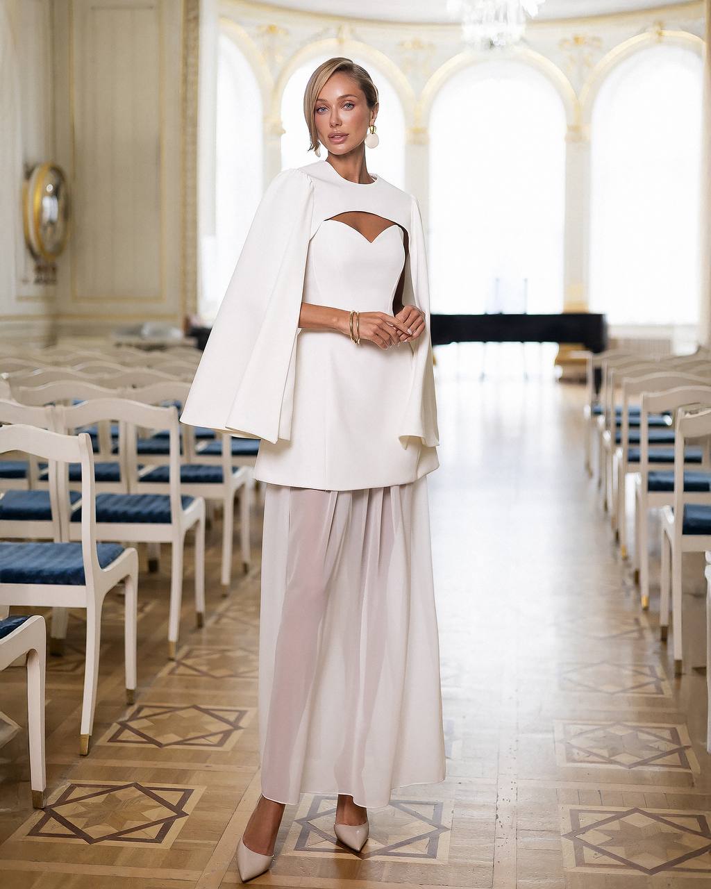 White Bridal Three Piece Dress Set with Cape