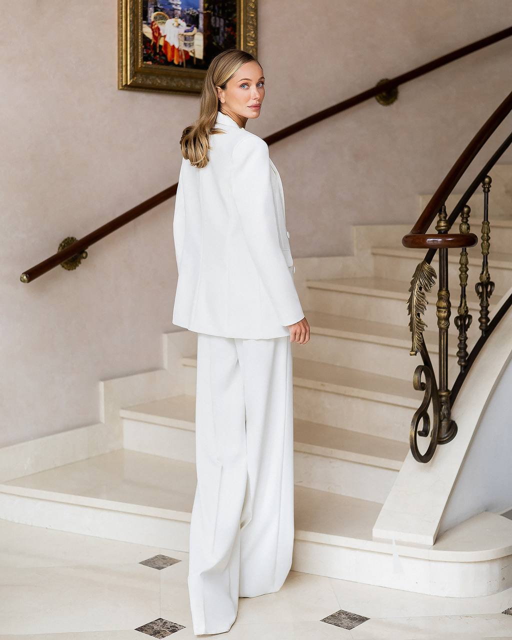 White Three Piece Suit|Double Breasted Blazer with Wide Leg Pants + Top
