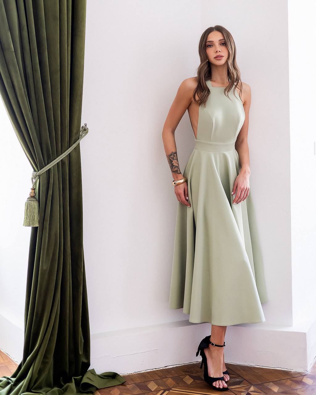 Yellow Halter Neck Midi Dress with Tie Bow Details