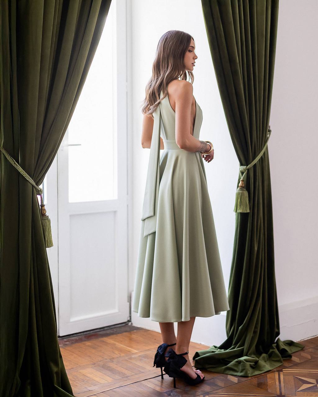 Yellow Halter Neck Midi Dress with Tie Bow Details