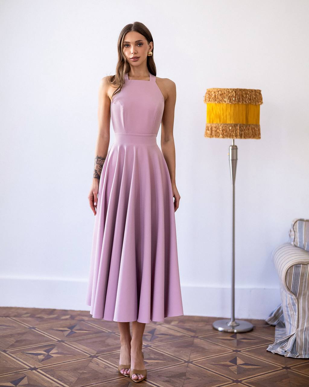 Yellow Halter Neck Midi Dress with Tie Bow Details