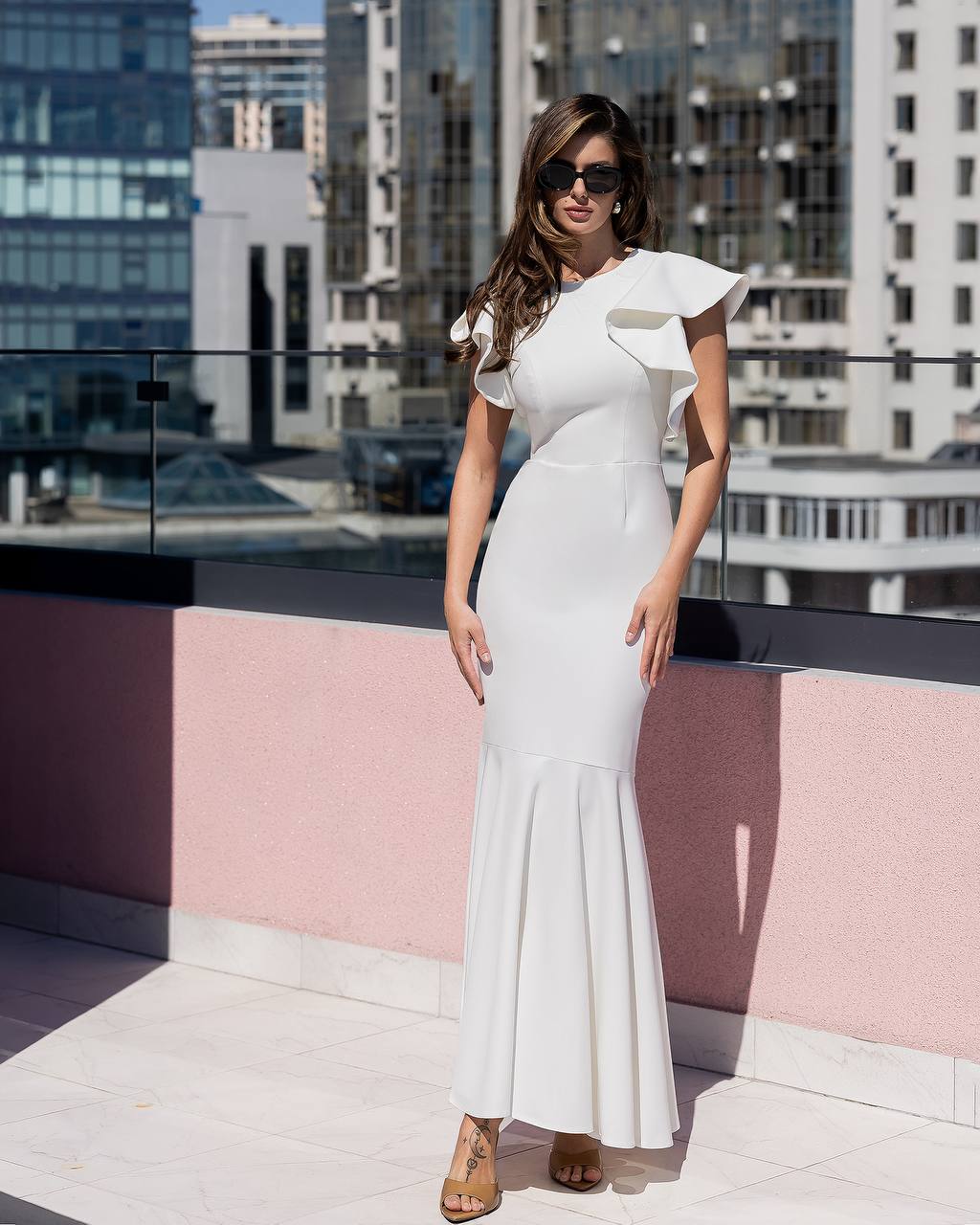 White Boat Neck Wedding Dress with Ruffle Sleeve and Open Back