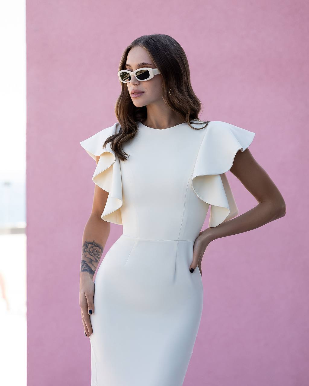 White Boat Neck Wedding Dress with Ruffle Sleeve and Open Back