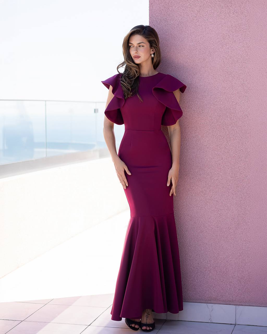 Blush Pink Ruffle Sleeve Maxi Dress with Boat Neck and Open Back