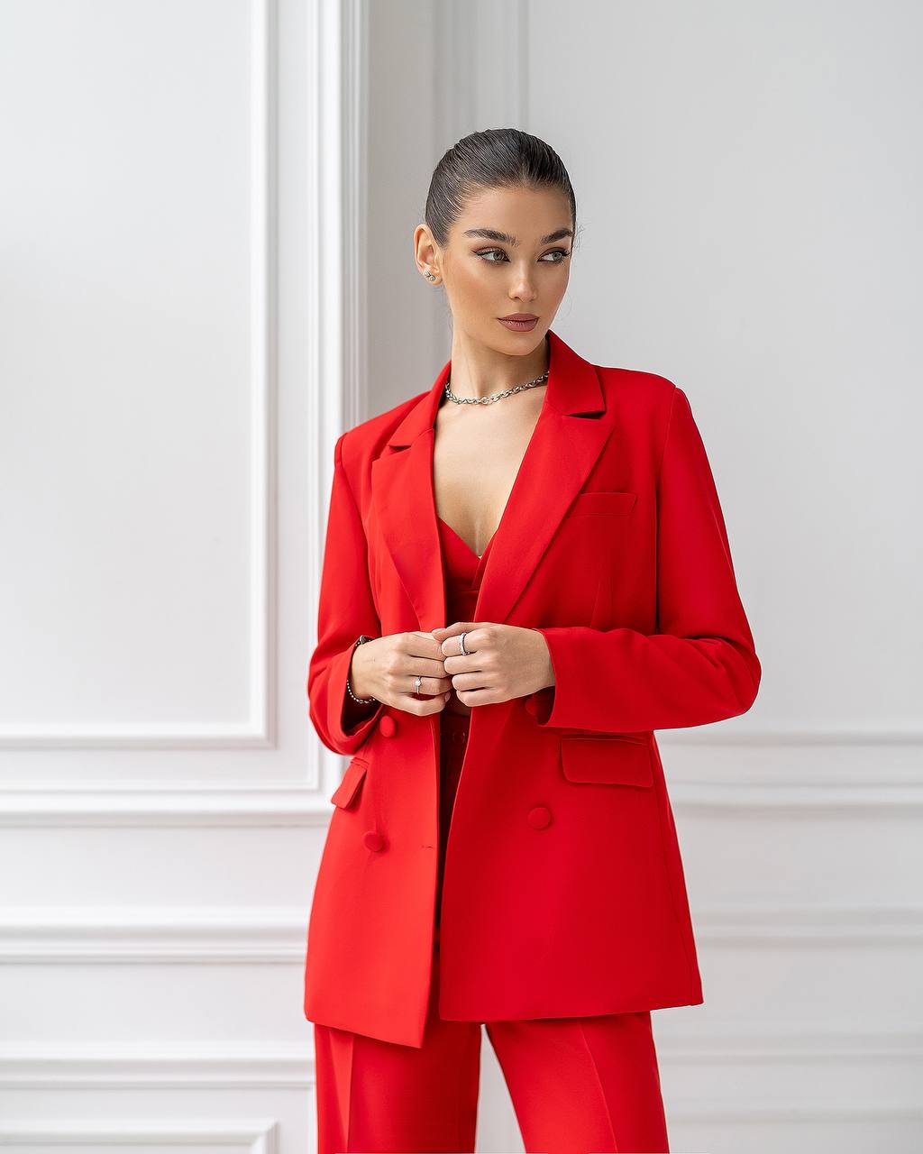 Three Piece Suit|Double Breasted Blazer with Wide Leg Pants + Top