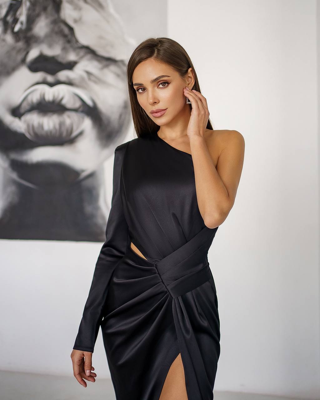 Black One Shoulder Midi Dress