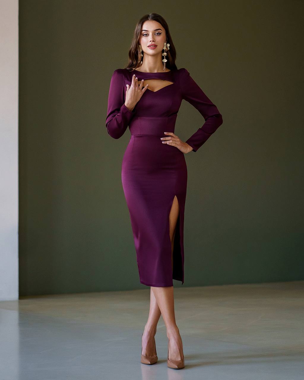 Burgundy Asymmetrical Midi Dress