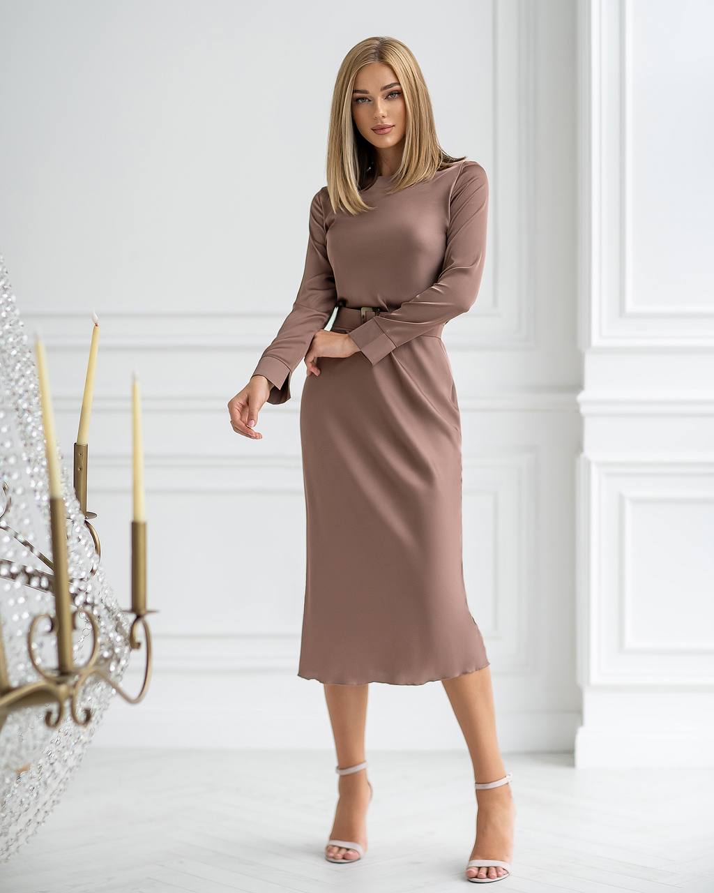 Brown Evening Slip Midi Dress