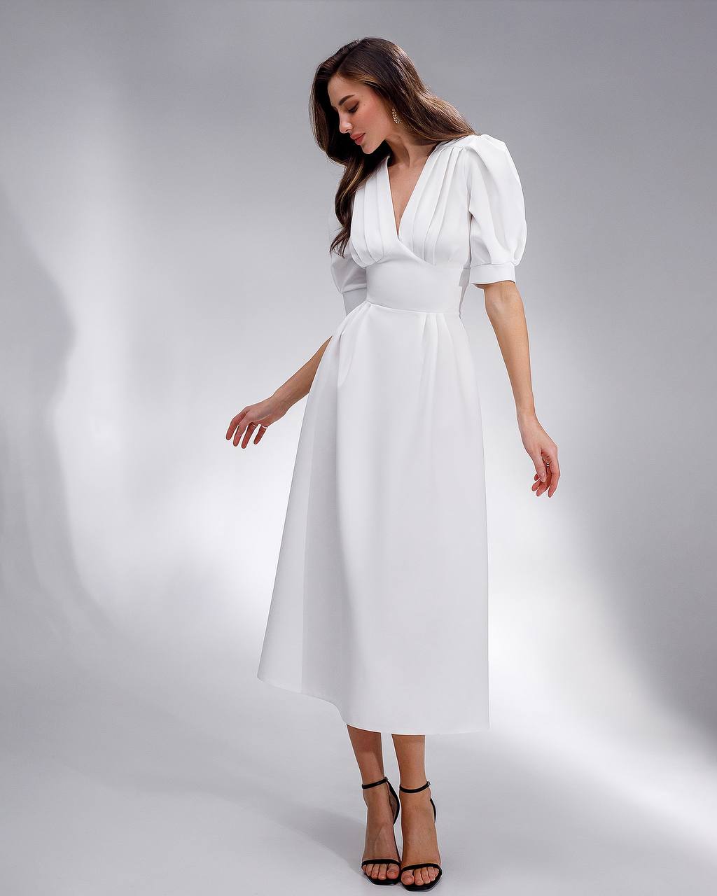 A Line Midi Dress with Short Puffed Sleeves