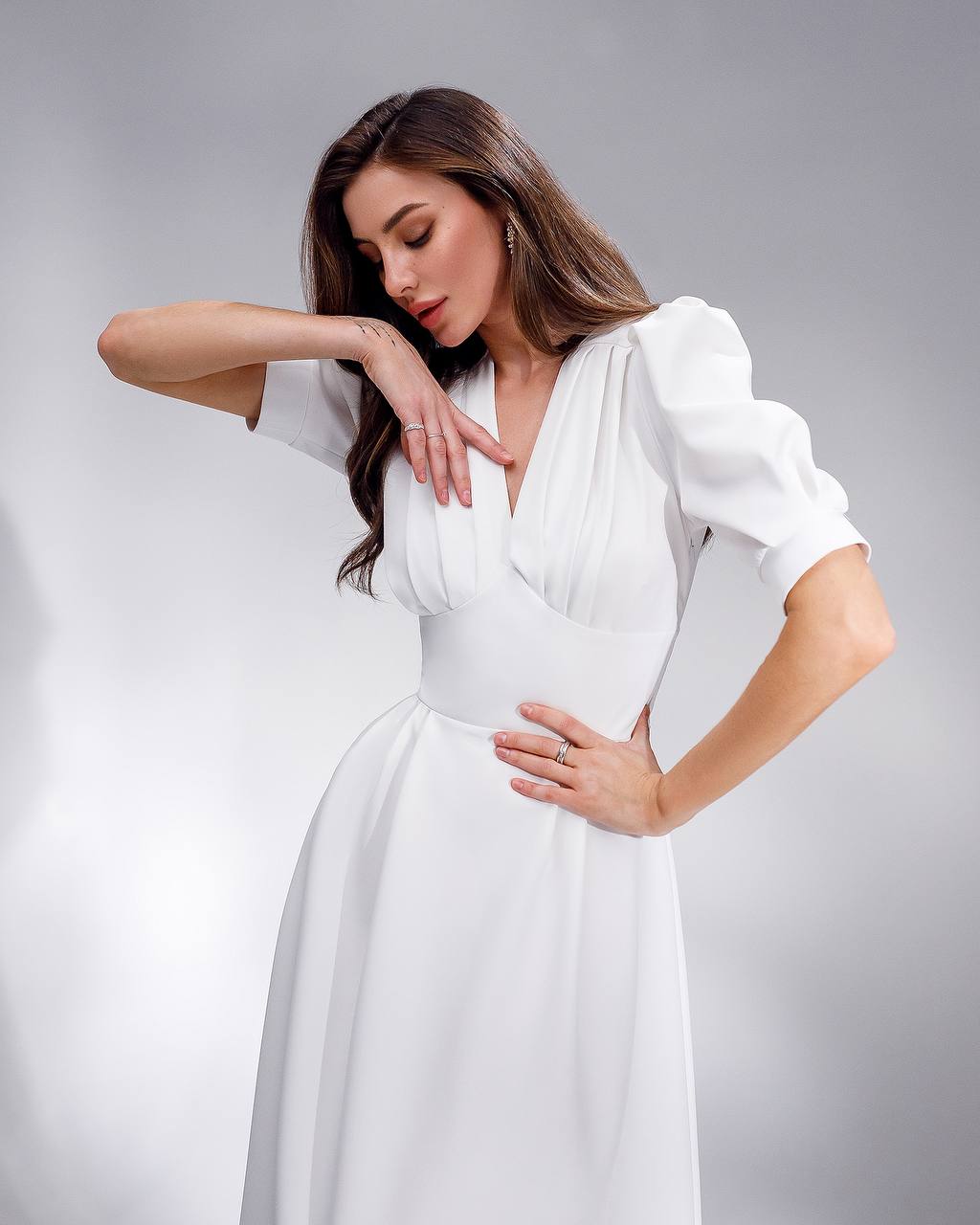 A-Line Midi Dress with Short Puffed Sleeves