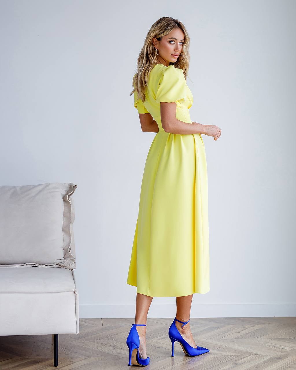 A-Line Midi Dress with Short Puffed Sleeves