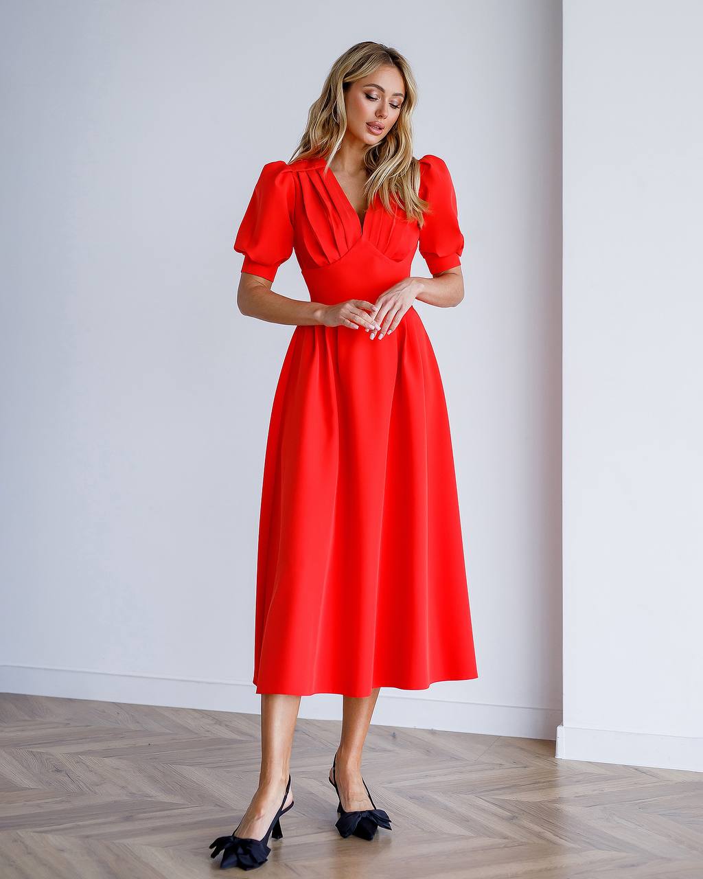 A-Line Midi Dress with Short Puffed Sleeves