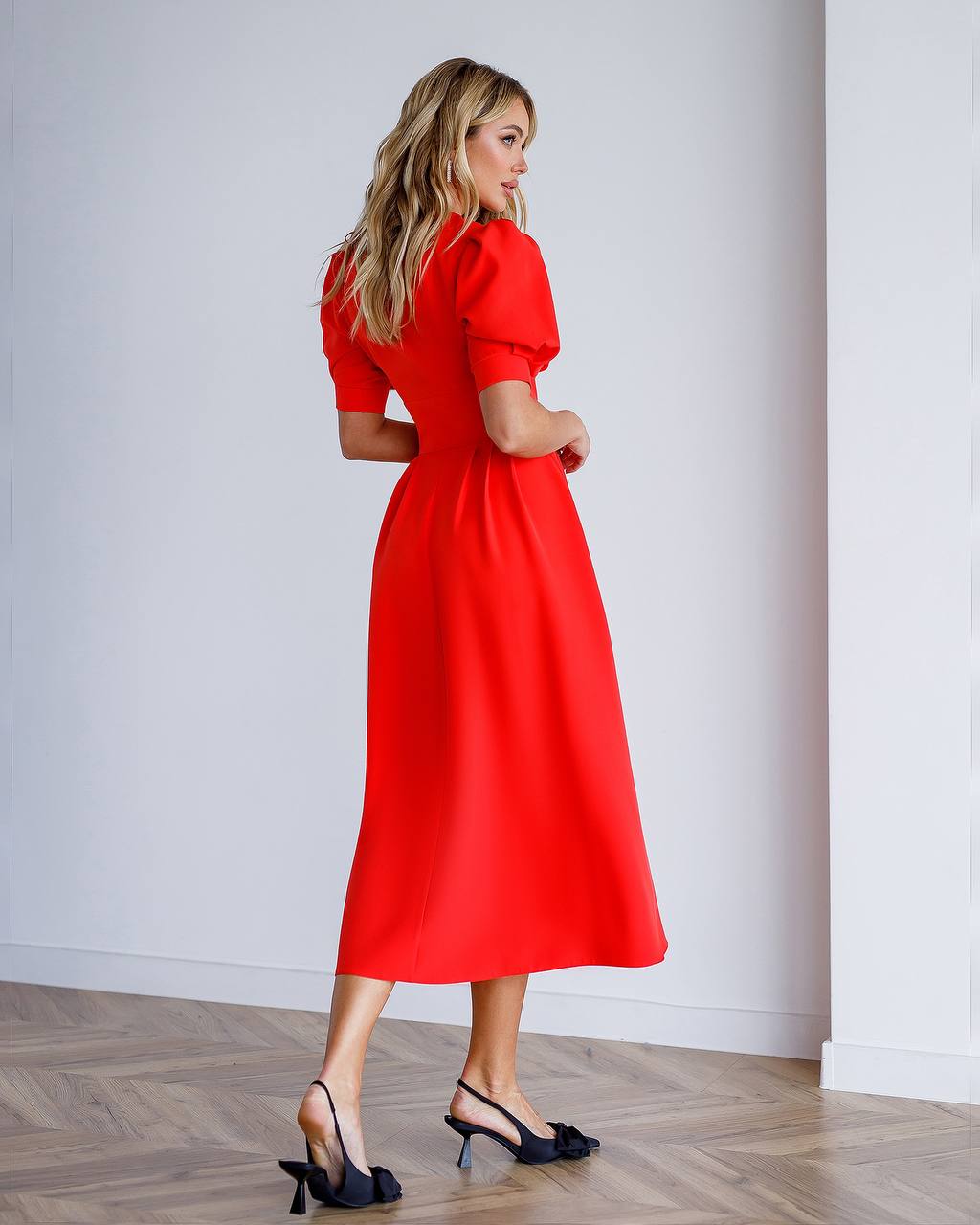 A-Line Midi Dress with Short Puffed Sleeves