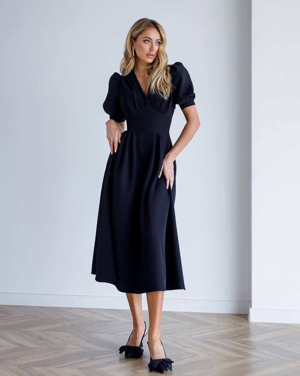 A-Line Midi Dress with Short Puffed Sleeves