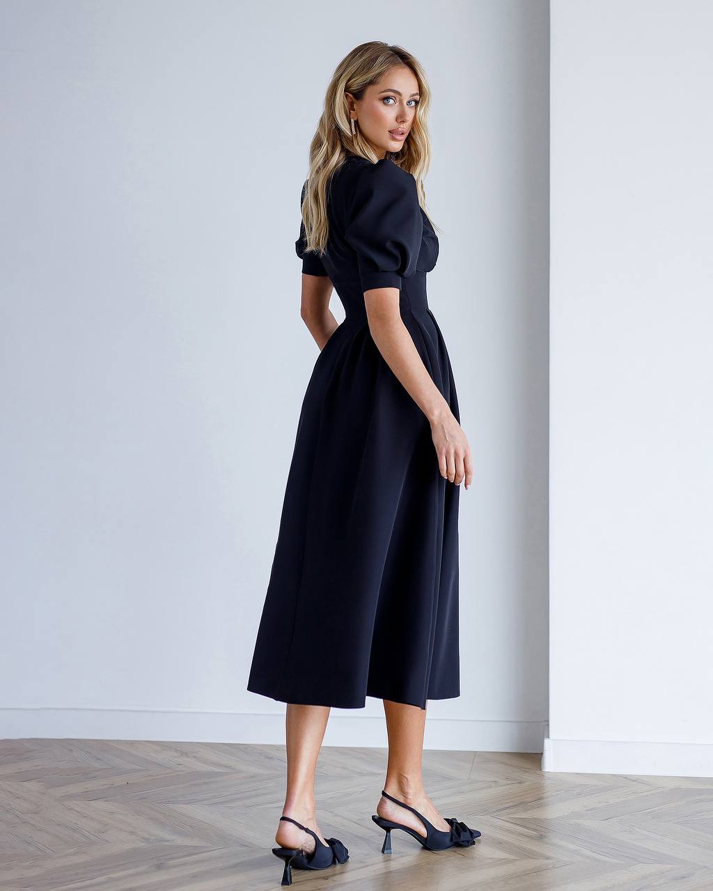 A-Line Midi Dress with Short Puffed Sleeves