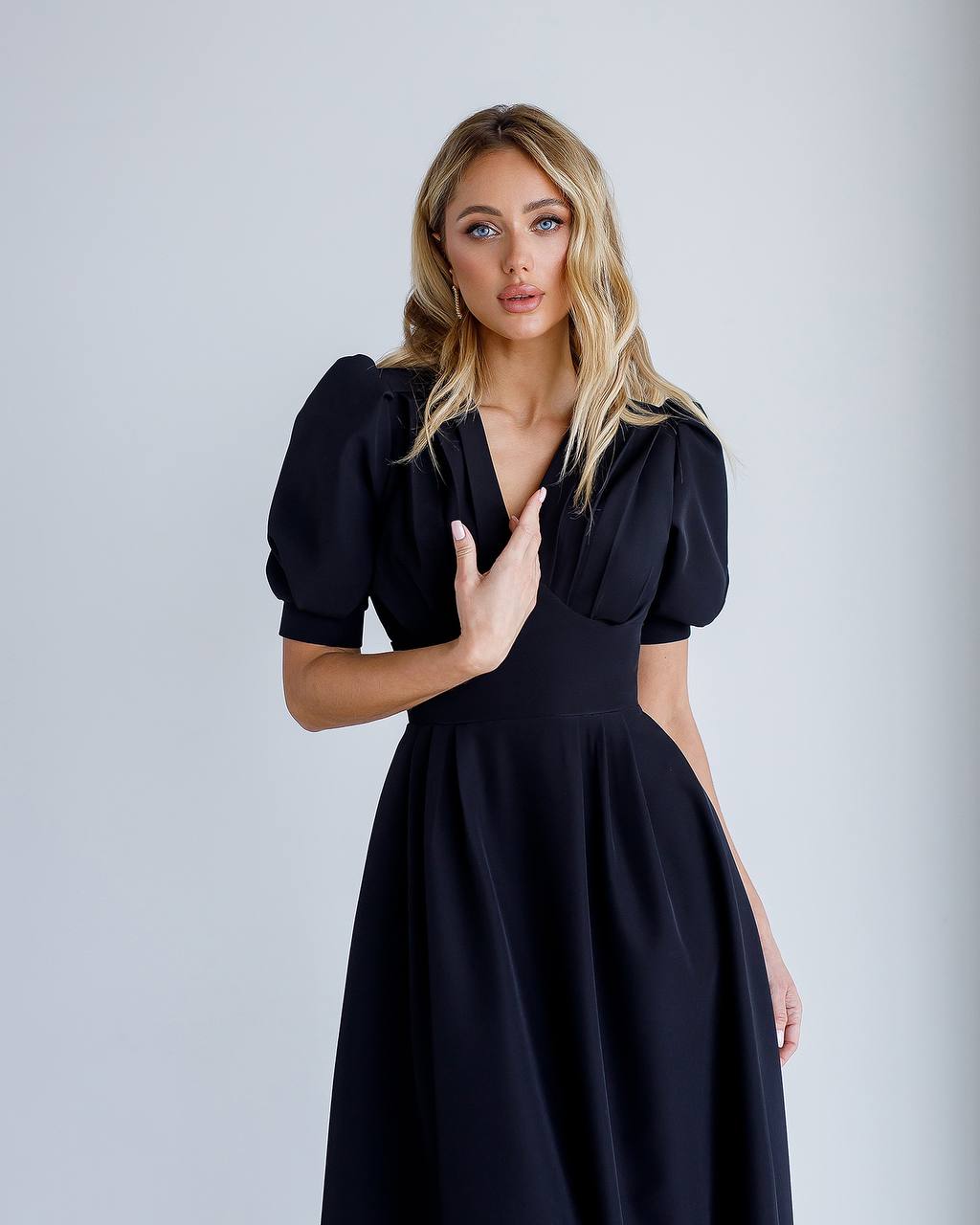 A-Line Midi Dress with Short Puffed Sleeves