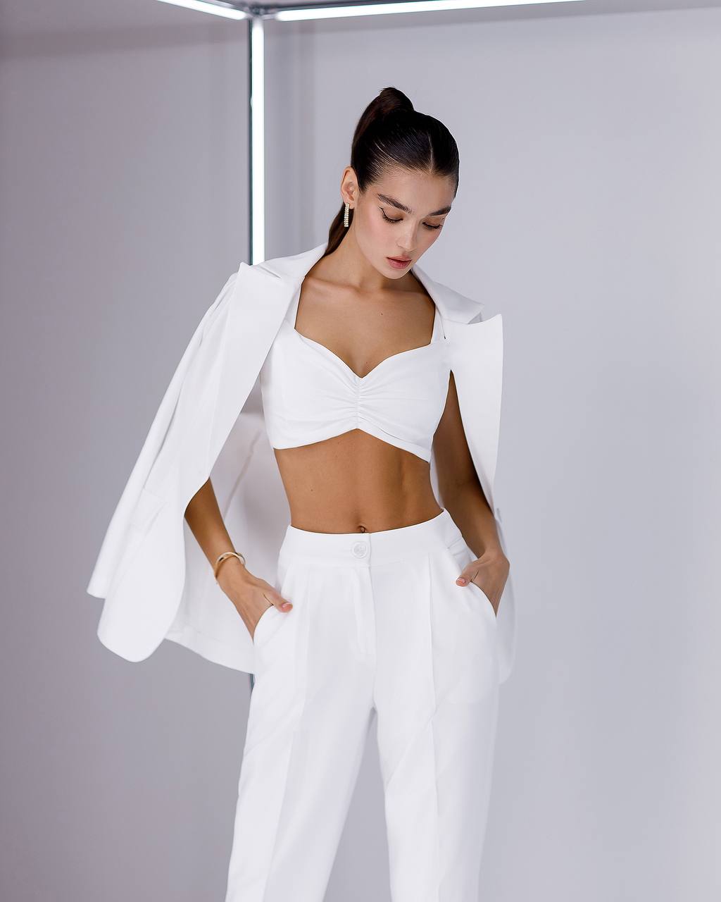 White Three Piece Suit|Blazer+Crop Top+Pants