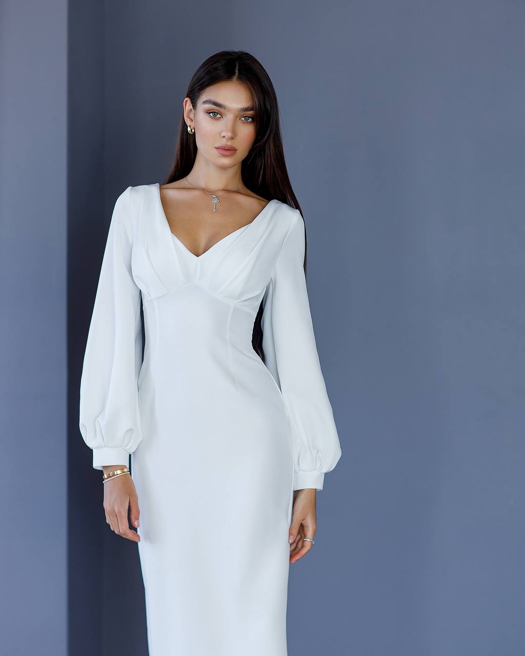 White Puff Sleeve V-Neck Maxi Dress